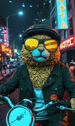a lion wearing glasses rides on a motorcycle