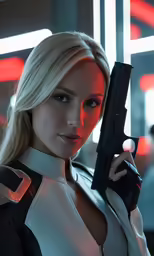 a girl with gun standing in front of a window