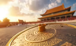 a yellow chinese style fire hydrant in the sun
