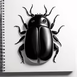 a black beetle on white paper with the image of a bug inside