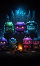 a poster with different kinds of toys next to a burning fire