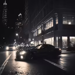 some cars driving by a tall building in the rain