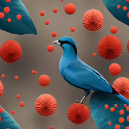 blue bird standing on top of colorful umbrellas