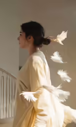 a woman is walking with feathers flying around her