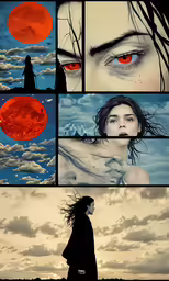 a collage of photos of a woman, with red eyes and no shirt, and some sky