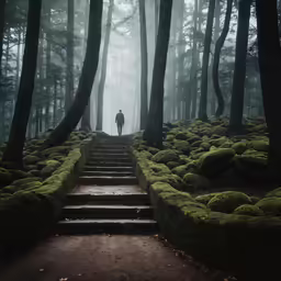 a man walking up some stairs in the woods