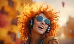 a beautiful young lady with red hair, sun glasses and headphones