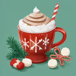 red cup with marshmallows, candy cane and star anisette on green background,a mug with whipped cream, chocolate sauce and candy cane