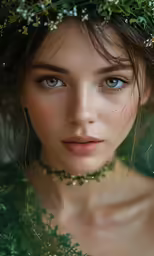 a woman with blue eyes wearing a flower crown