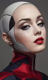 a woman with red lipstick and metal make up, as if she is in the outer planet