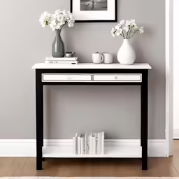 the sideboard has books, vases and mugs on it