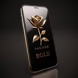 a gold and black cell phone with a flower in it