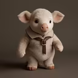 a white stuffed animal with brown harness on its neck