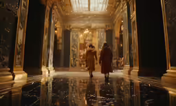 two women walking down a hall with tall pillars