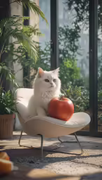 a cat sitting on a chair in front of some plants