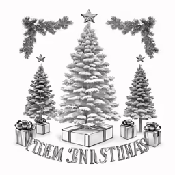 a black and white drawing of three christmas trees