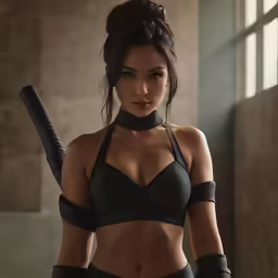 the woman with a black bra is holding a bat
