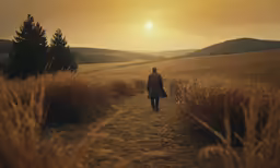 the person is walking through the grassy field