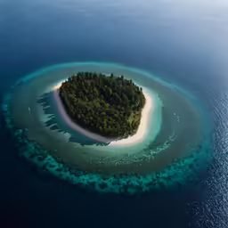 the island is surrounded by shallow blue water