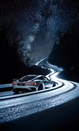 the car is driving through the snowy night