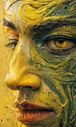 an artistic yellow painting shows the face of a woman