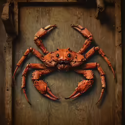 a crab made out of scrap wood with eyes and claws
