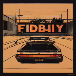 a poster of a car sitting at a station,there is a car parked next to an advertisement for fdb bix