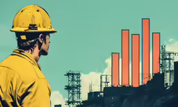 a man in yellow work uniform standing outside of industrial buildings