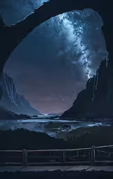 the view from behind the cave in the mountains is under a night sky,a view of the sky from inside a cave at night