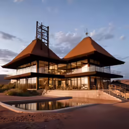 a building with three roof tops and some water in front of it