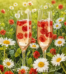 two glasses of champagne with a bouquet of daisies