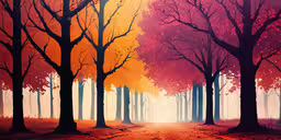 a colorful painting with trees in a forest,a painting of a path in a tree covered forest