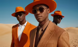 three black men in orange suits and hats