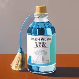 a bottle of water on a table with a broom sticking out of it