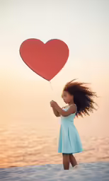 a little girl with a balloon in front of a heart