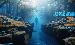 a person walking in a forest with blue sky