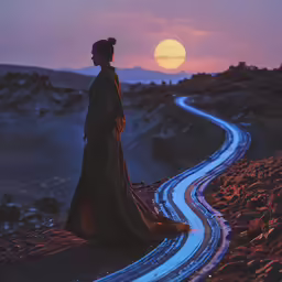 a woman in a robe standing on a winding mountain road at sunset