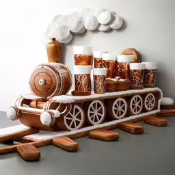 a wooden model with an artistic model of a train