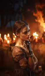 a woman holding a gun by herself in front of an open flame