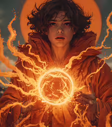 a person holding a burning object with a halo behind them,woman in dark red sweatshirt holding a yellow glowing orb