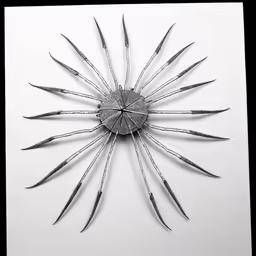 a clock is shown with several knives and scissors