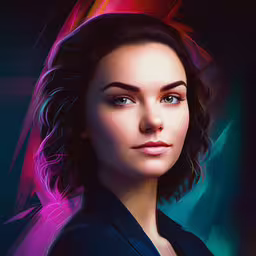a woman looking up while standing against a blue and pink background,a very cute female with an intense look