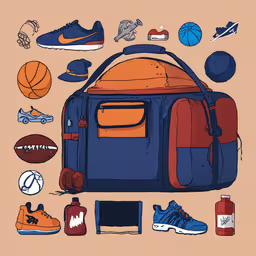 a back pack with various items on it,a back pack with many different items around it