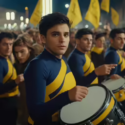a band wearing blue and yellow uniforms playing drums