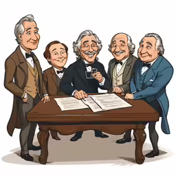 a group of men sit at a desk together