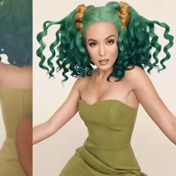 two pictures of the same woman wearing long green hair