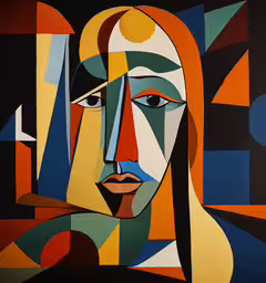 the portrait of a woman is in very bold colors,a painting on a wall shows an abstract woman with bright blue eyes
