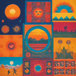a large poster has various abstract pictures and colors,a painting of many different things, some are orange and purple