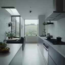 modern white and brick kitchen with large windows