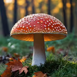 mushroom with lots of white dots sitting in the grass
